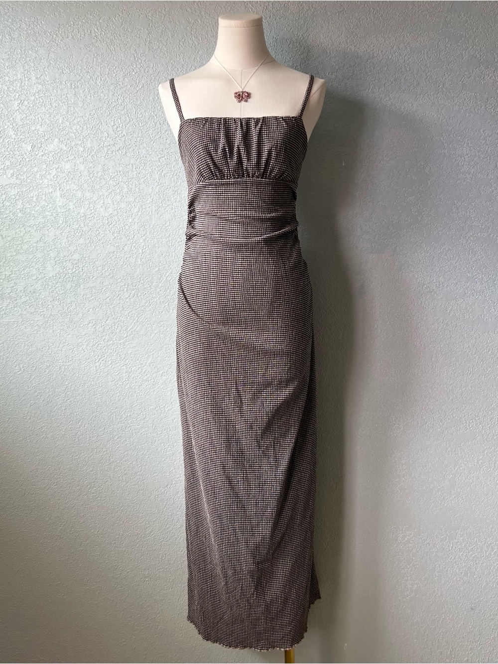 Wild Fable Y2K Style Brown Gingham Open Back Maxi Slip Dress Size Small